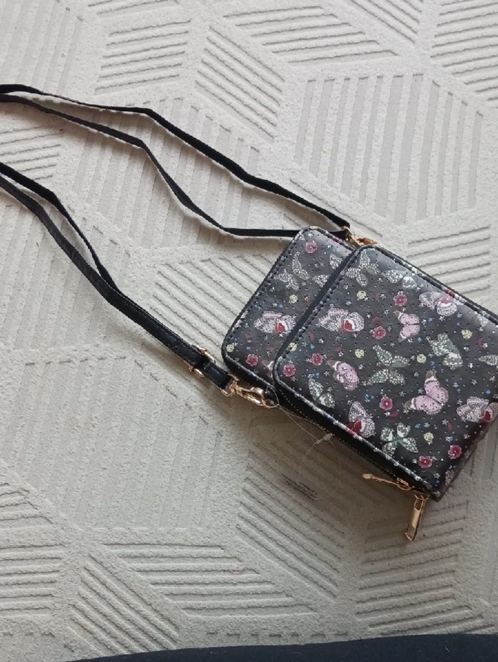 Black Butterfly Print Crossbody Phone Hokder & Wallet - Women's Bag